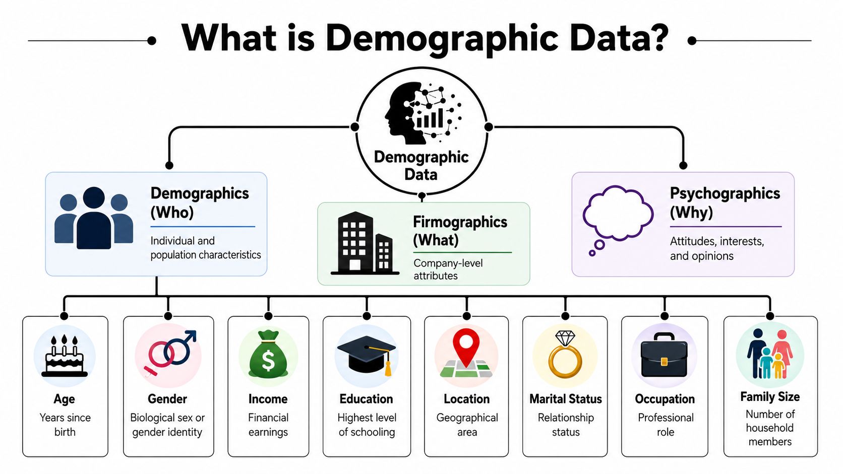 A diagram illustrating what constitutes demographic data, including demographics, firmographics, and psychographics with supporting categories.