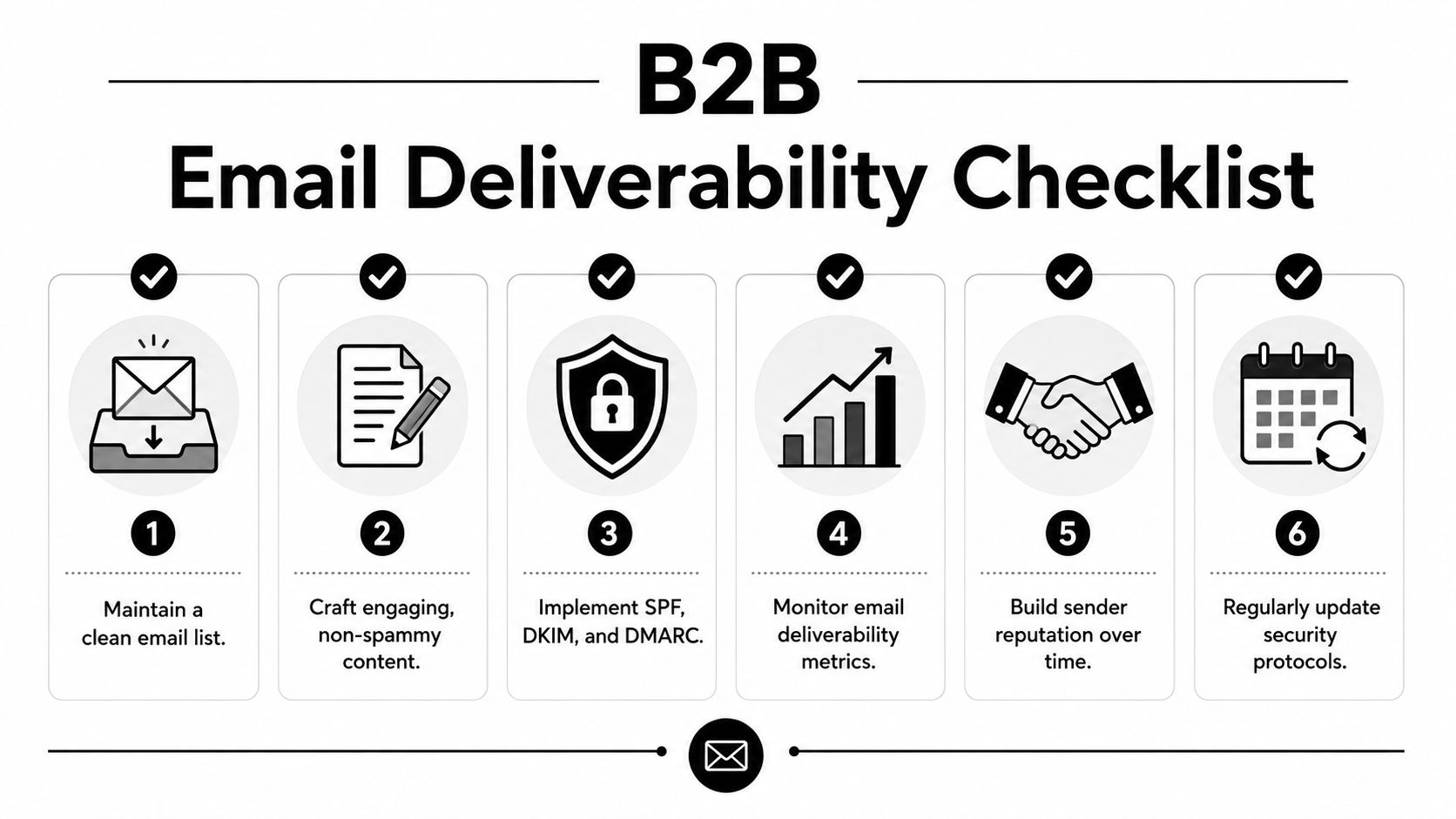 A checklist infographic illustrating six essential steps for successful B2B email marketing and improved deliverability rates.