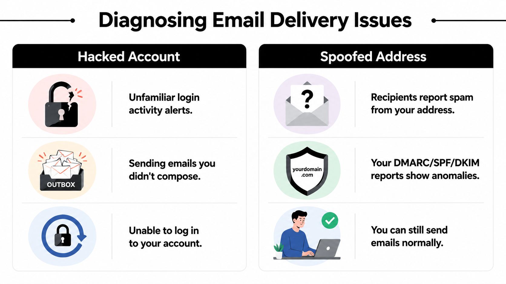 A diagnostic chart illustrating the differences between signs of a hacked email account and a spoofed address.