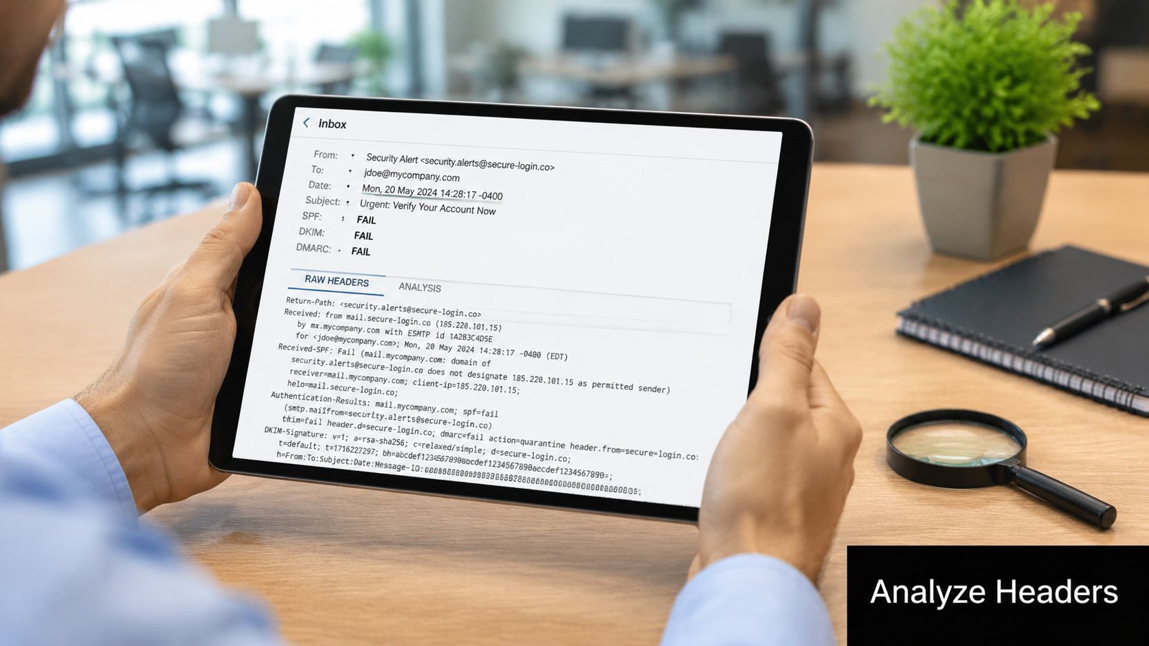 A person holding a tablet showing an email security analysis with failed SPF, DKIM, and DMARC checks.