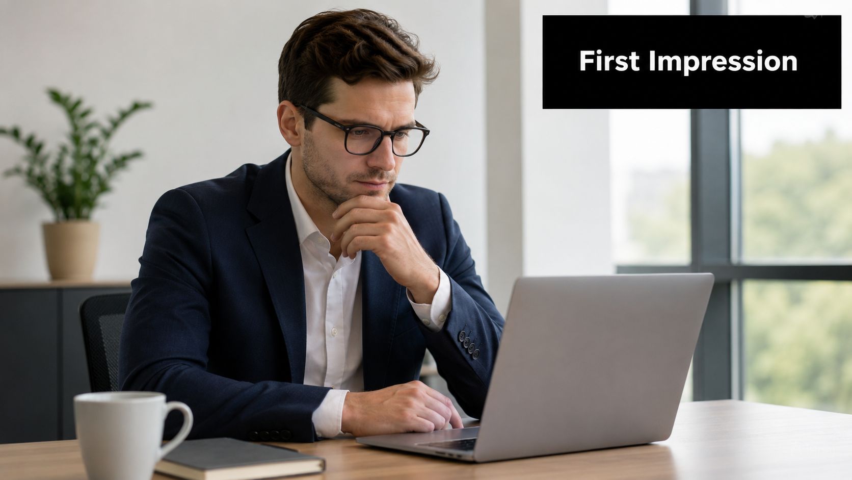 A professional man in a business suit sitting at an office desk looking at his laptop screen.