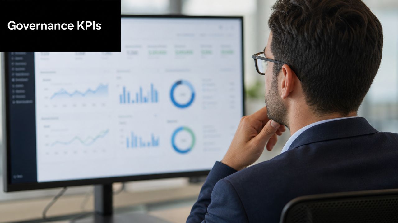 A professional man wearing a suit looks at a digital dashboard displaying various governance performance charts.
