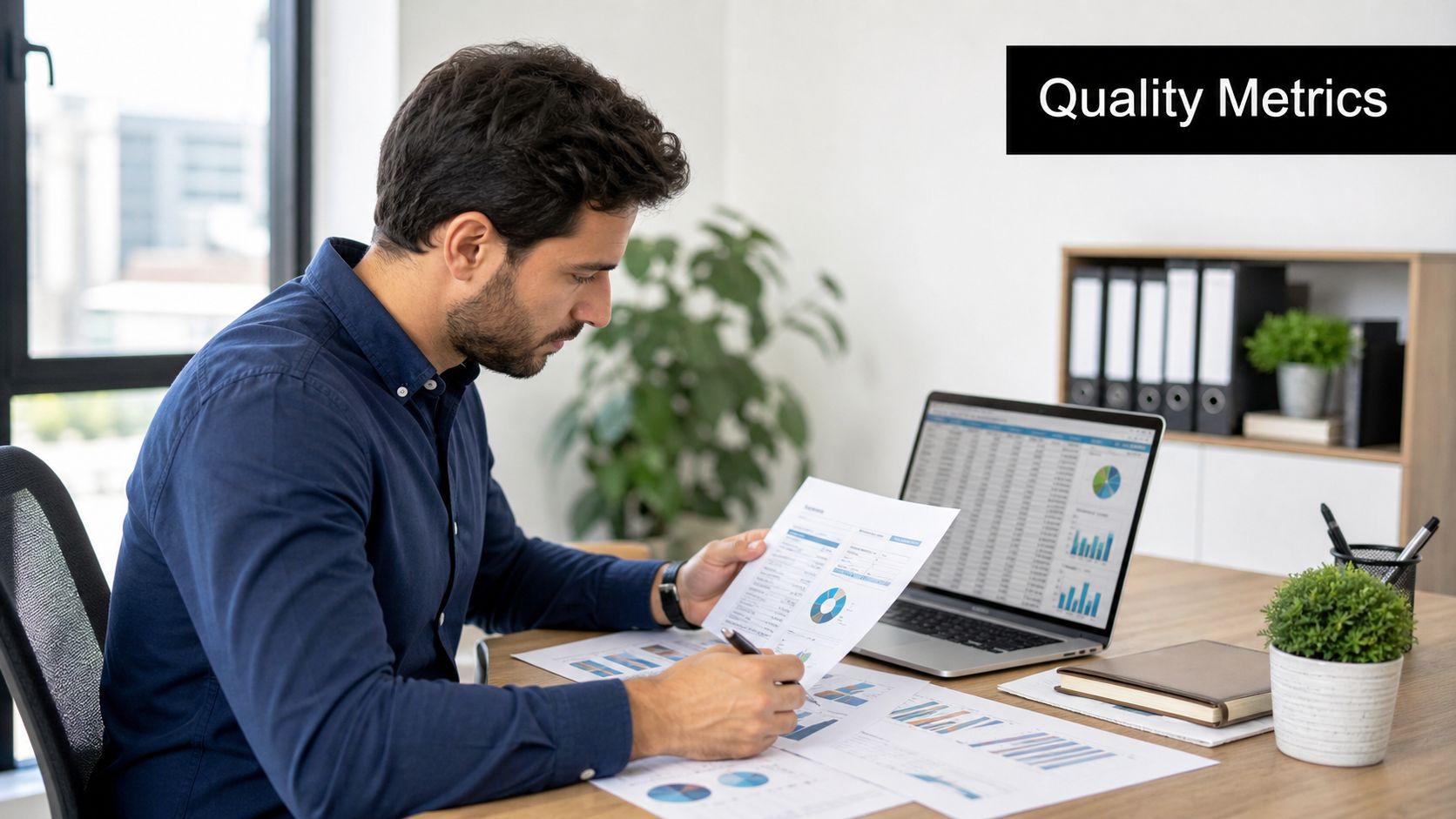 A professional man reviewing data analysis reports and quality metrics at his desk in an office.