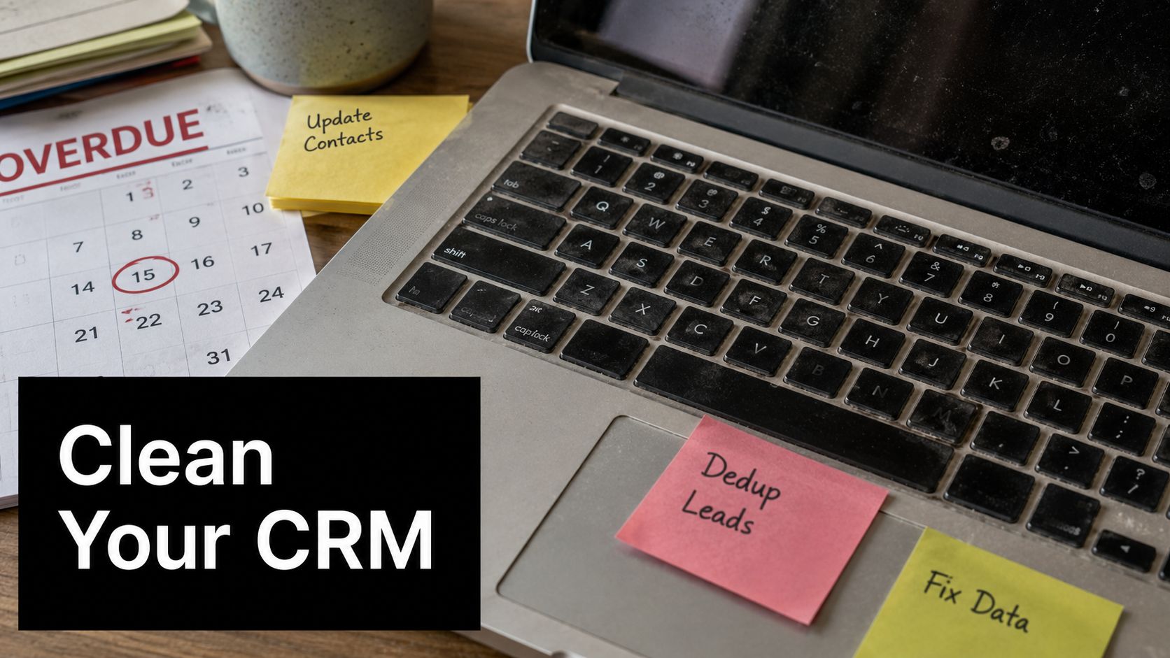 A laptop on a wooden desk with sticky notes listing CRM tasks like cleaning and deduplication.