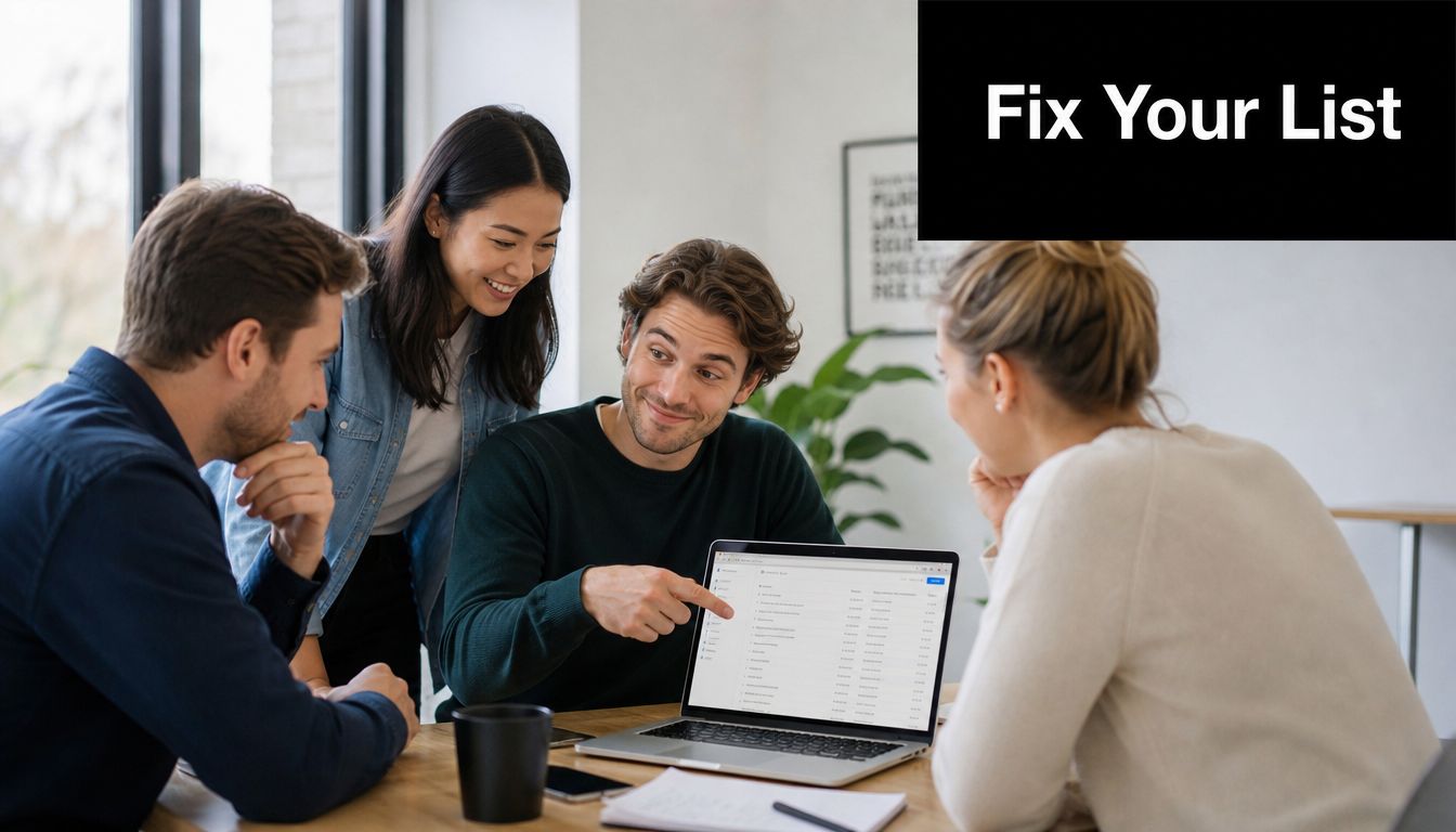 A diverse team of professionals collaborating around a laptop to improve their email marketing list management.