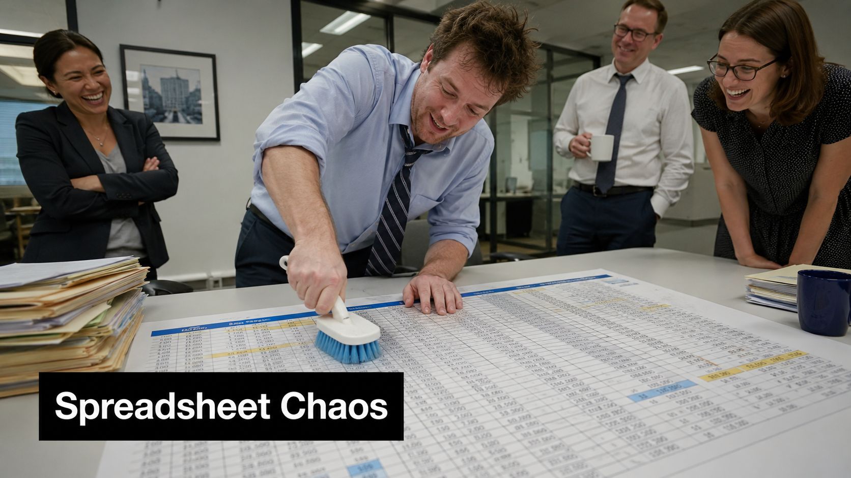 A group of office coworkers laughing while a man uses a brush to clean a giant spreadsheet