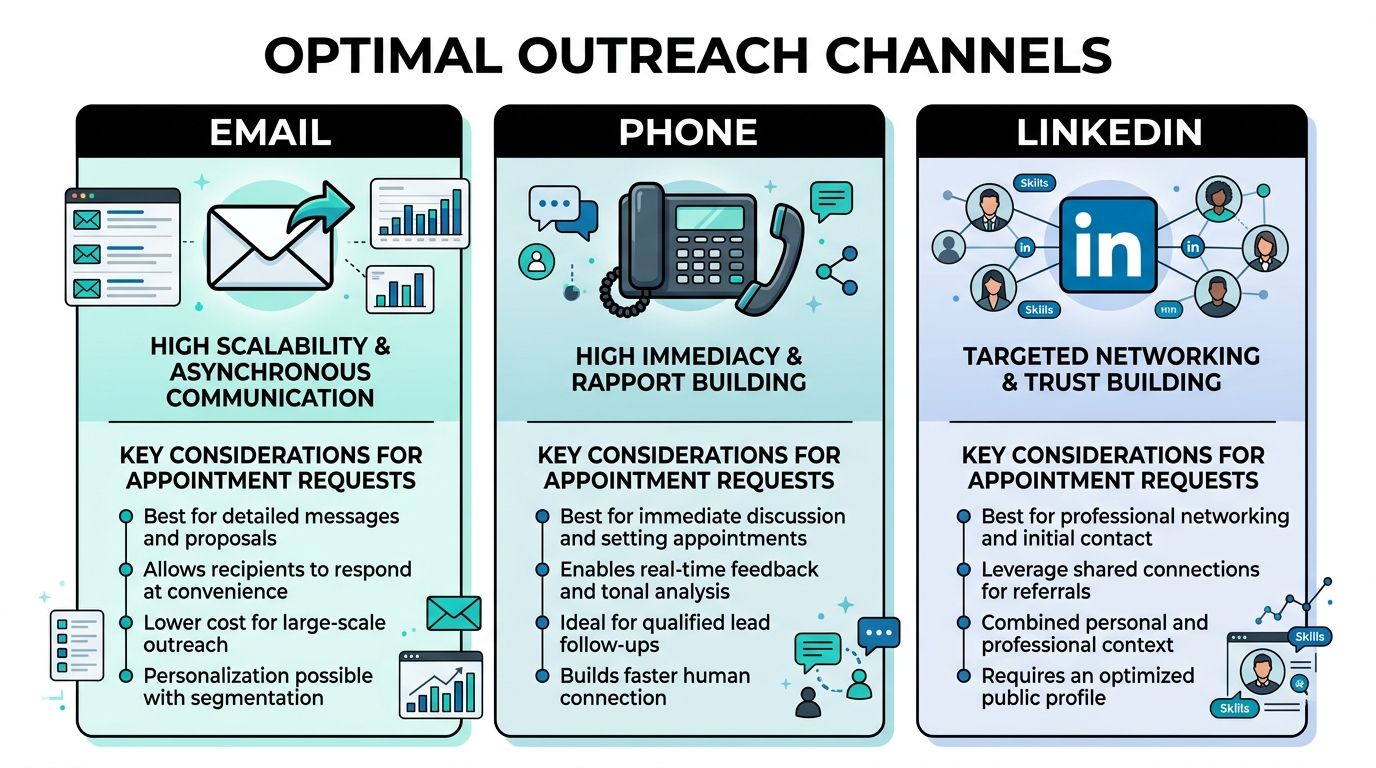 A professional infographic titled Optimal Outreach Channels comparing Email, Phone, and LinkedIn for requesting business appointments.