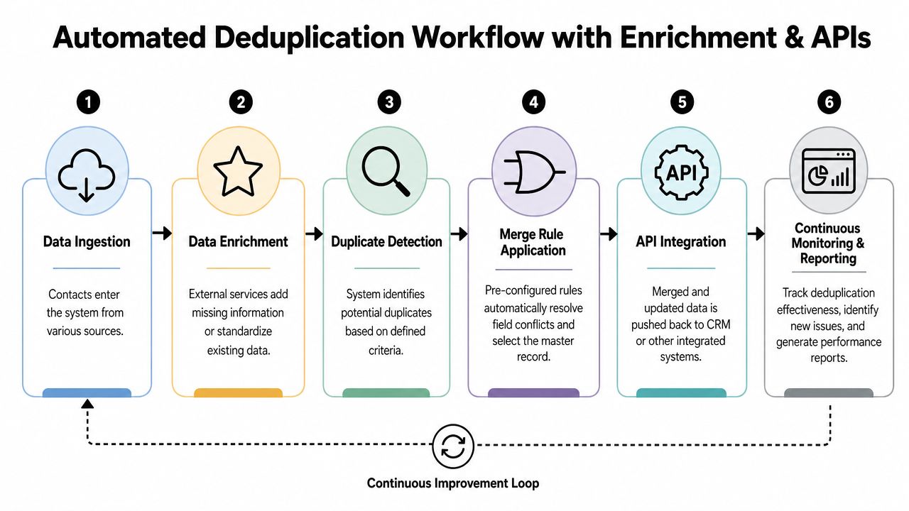 A flowchart showing the automated six-step process for identifying and merging duplicate contact data using enrichment.