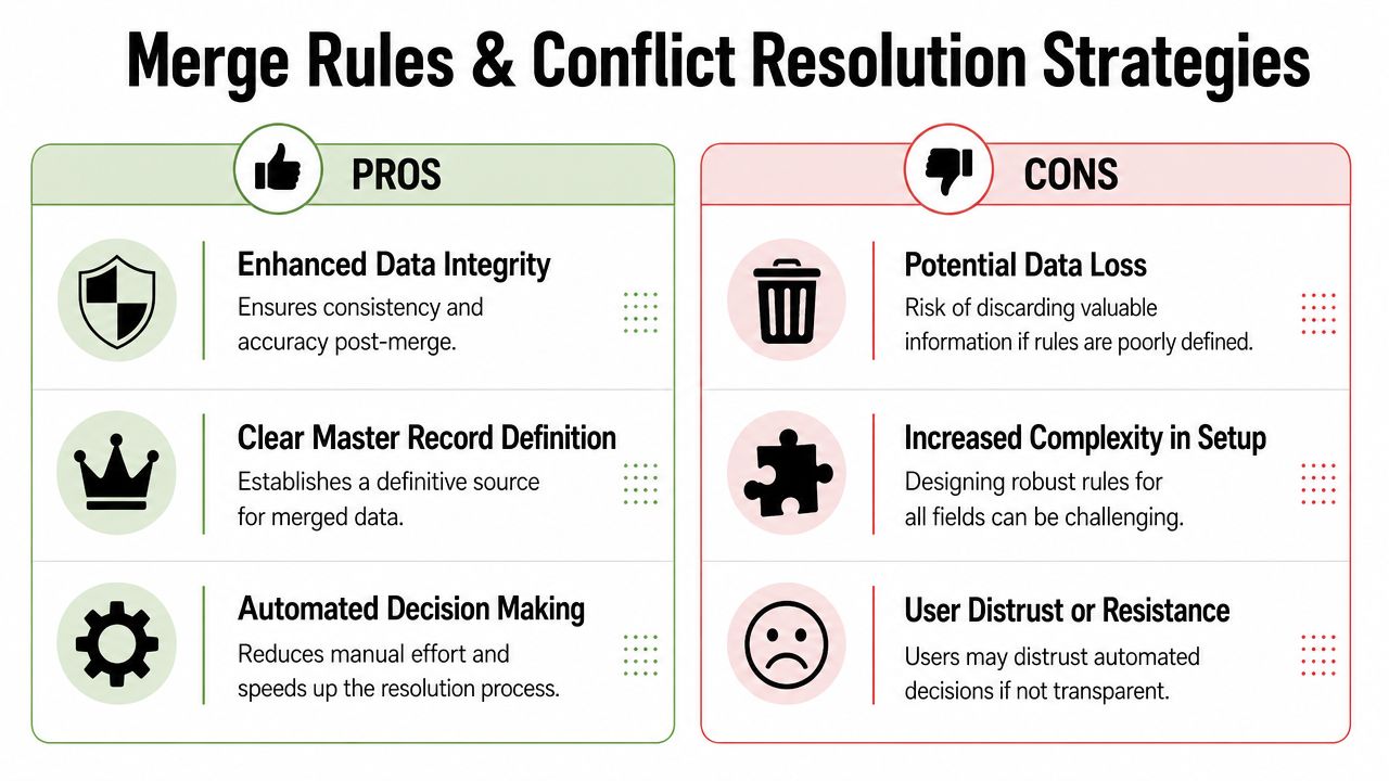 A comparison chart outlining the pros and cons of data merge rules and conflict resolution strategies.