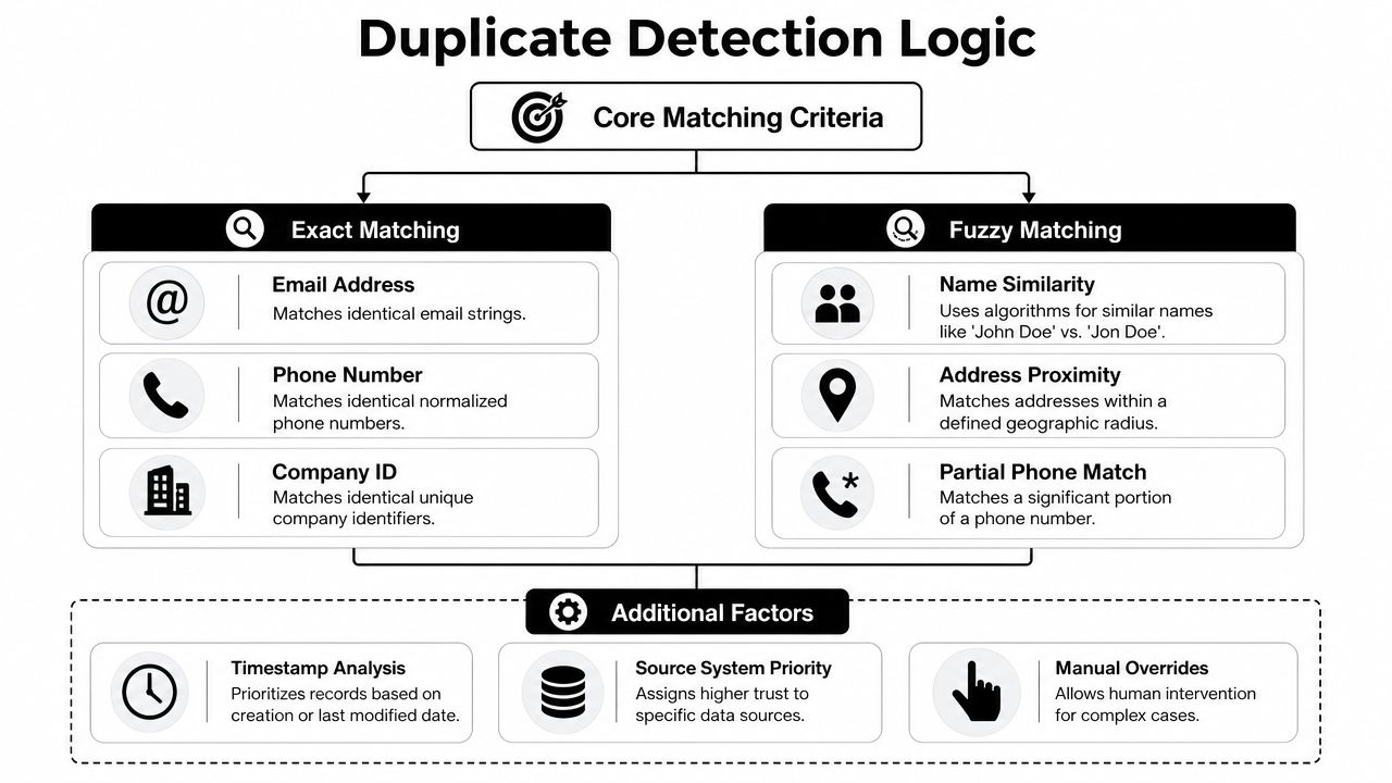 A flowchart diagram illustrating duplicate detection logic using exact matching, fuzzy matching, and additional record priority factors.