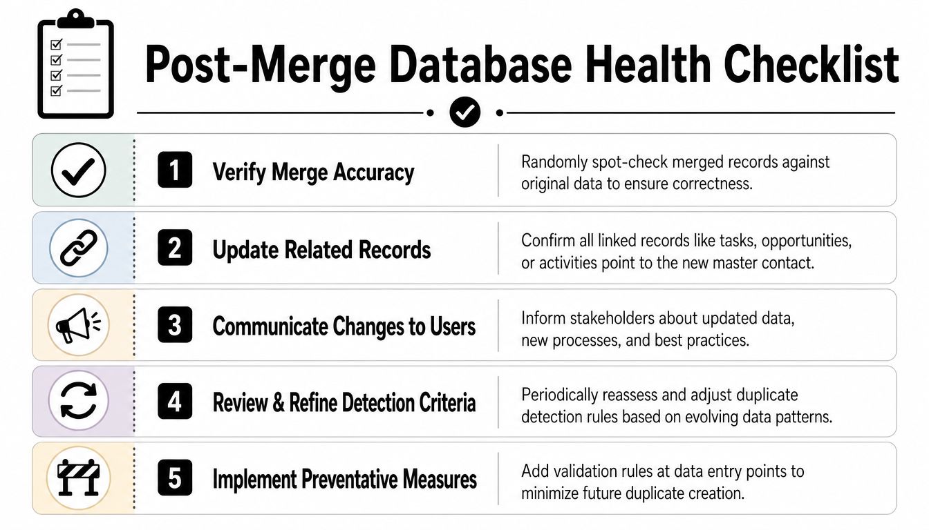 A five-step infographic showing a post-merge database health checklist for ensuring data accuracy and preventing future duplicates.