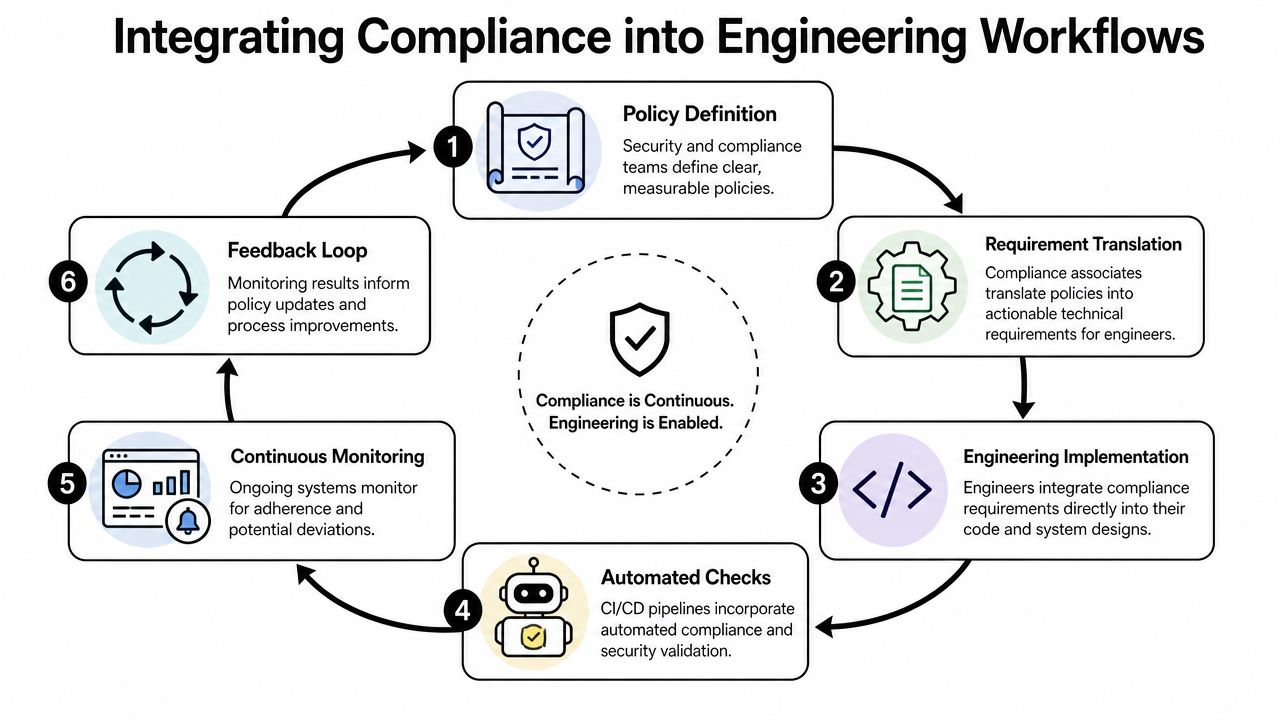 A cyclical flow diagram illustrating the six steps for integrating compliance into engineering and development workflows.