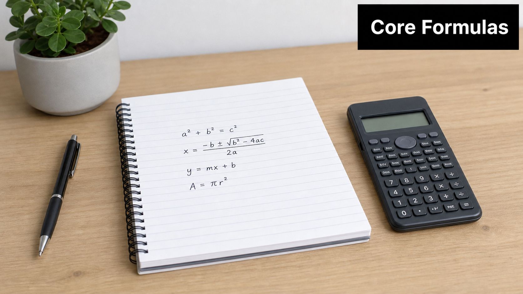 A spiral notebook on a wooden desk displays mathematical formulas next to a black calculator and pen.