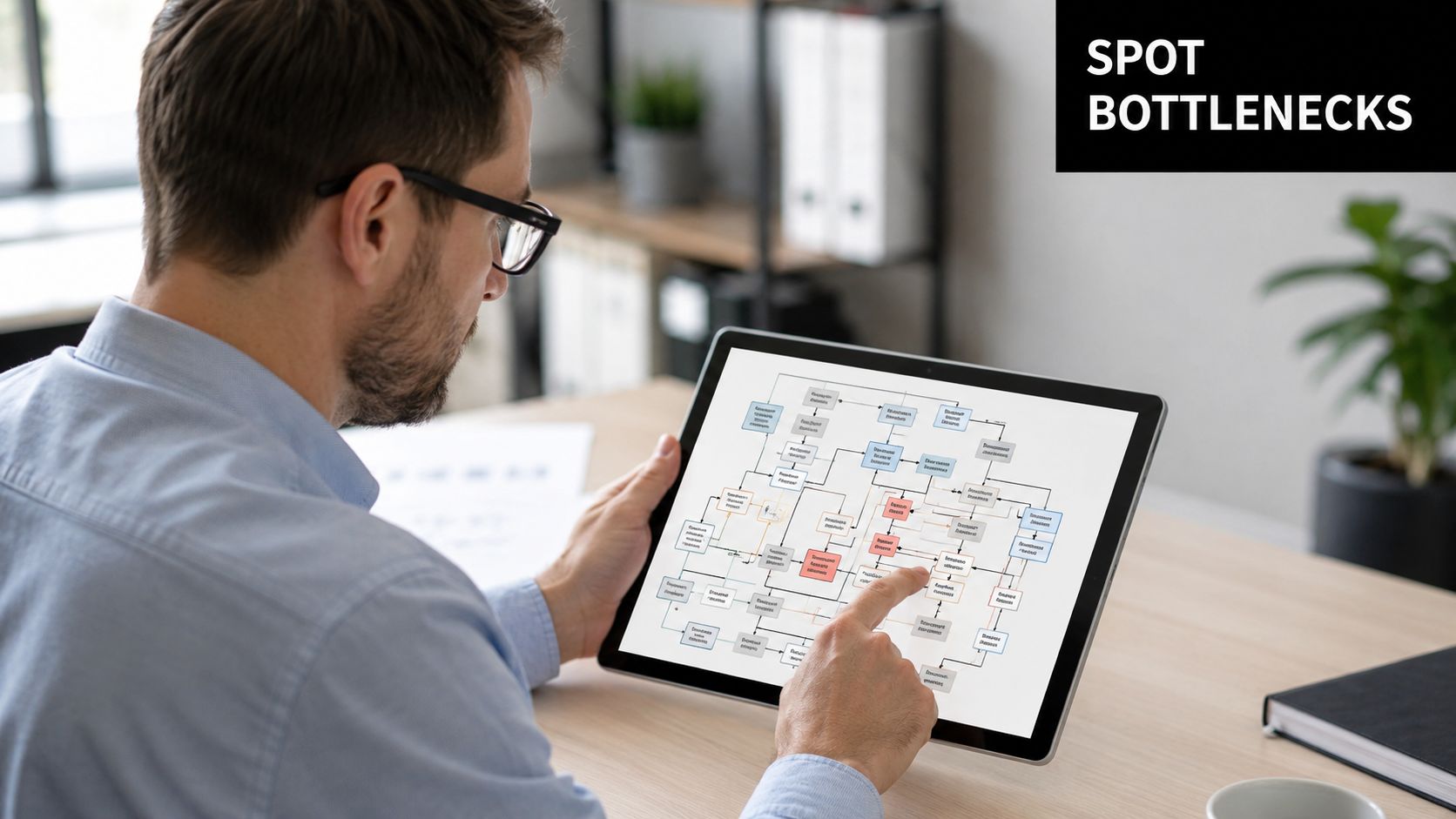 A professional analyzing a complex flowchart on a tablet screen to identify business process bottlenecks.