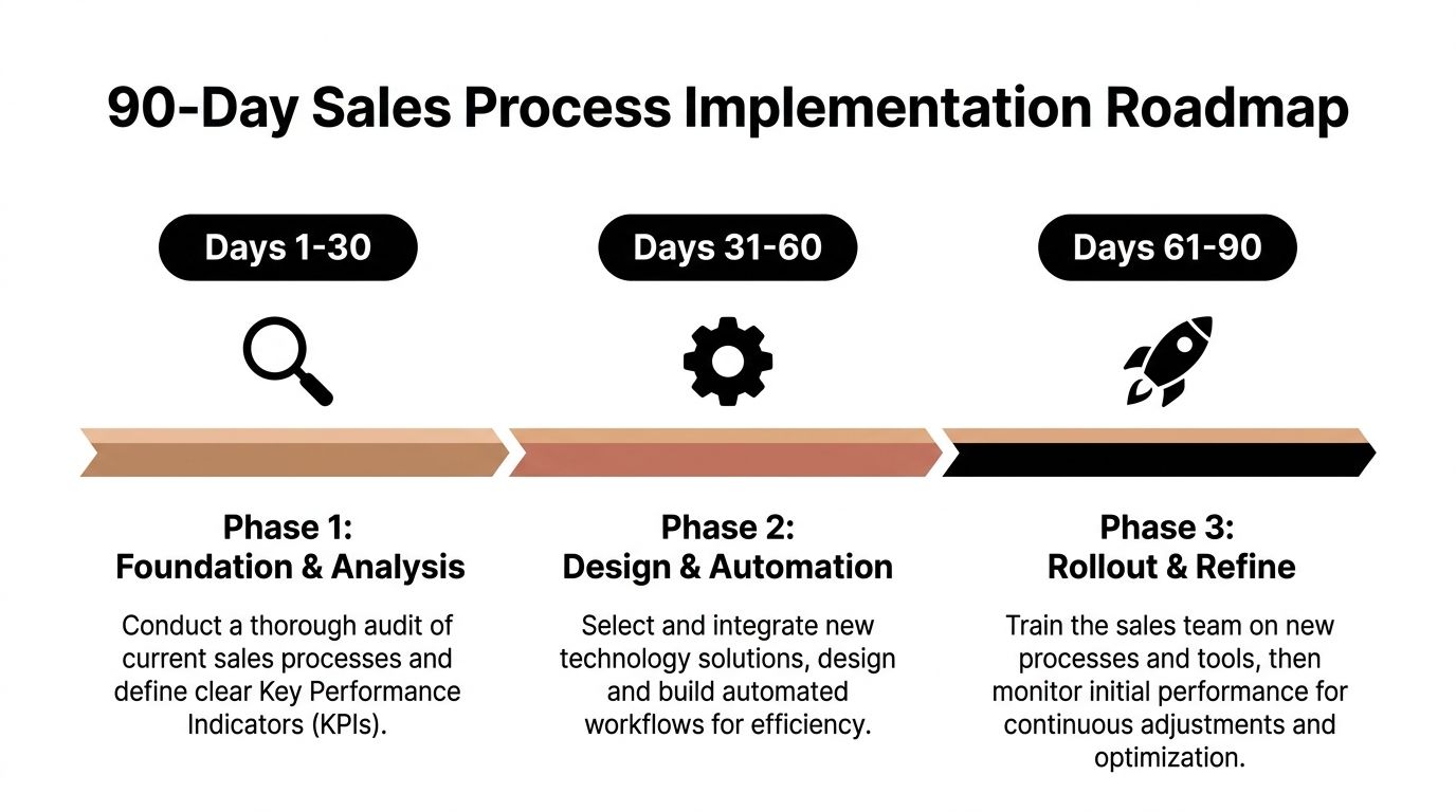 A 90-day sales process implementation roadmap, detailing phases for audit, design, automation, and team training.
