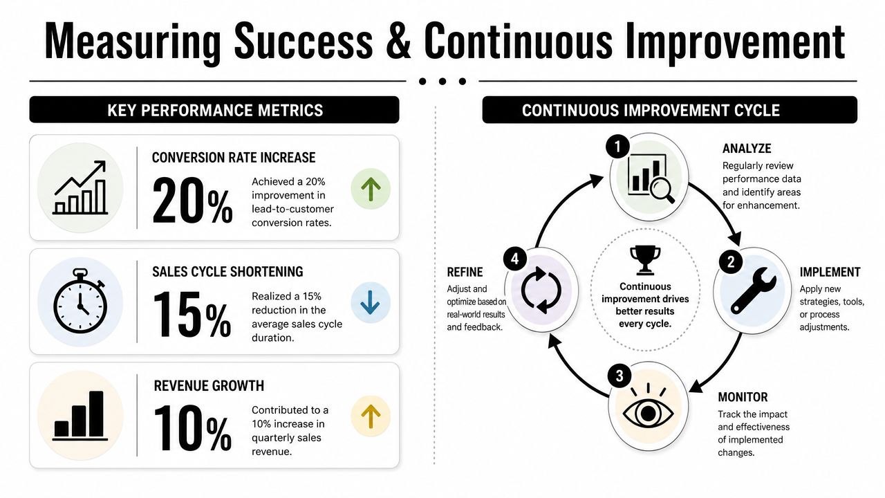 An infographic showing key performance metrics and a four-step continuous improvement cycle for business optimization.