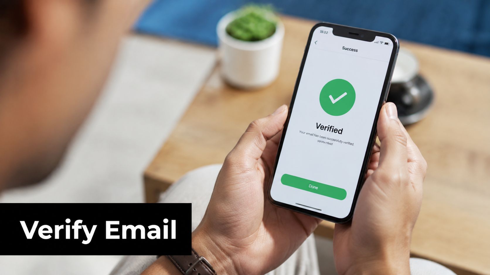 A person holding a smartphone displaying a successful email verification screen with a large green checkmark icon.