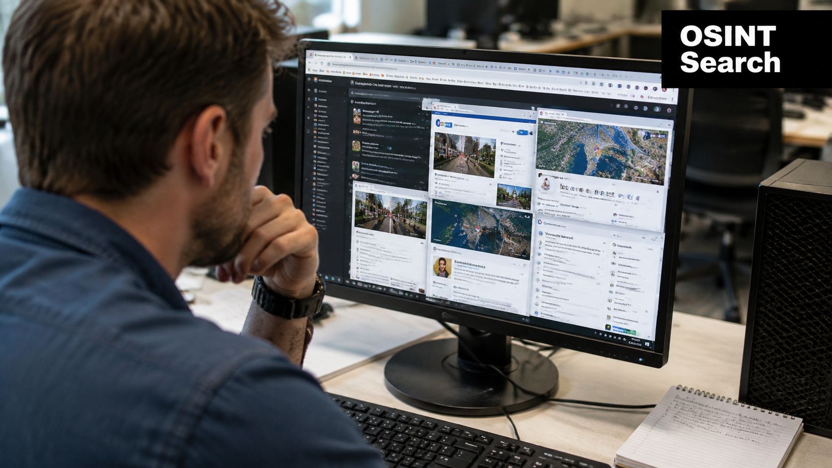 A man working on an OSINT investigation while looking at maps and browser tabs on his computer.