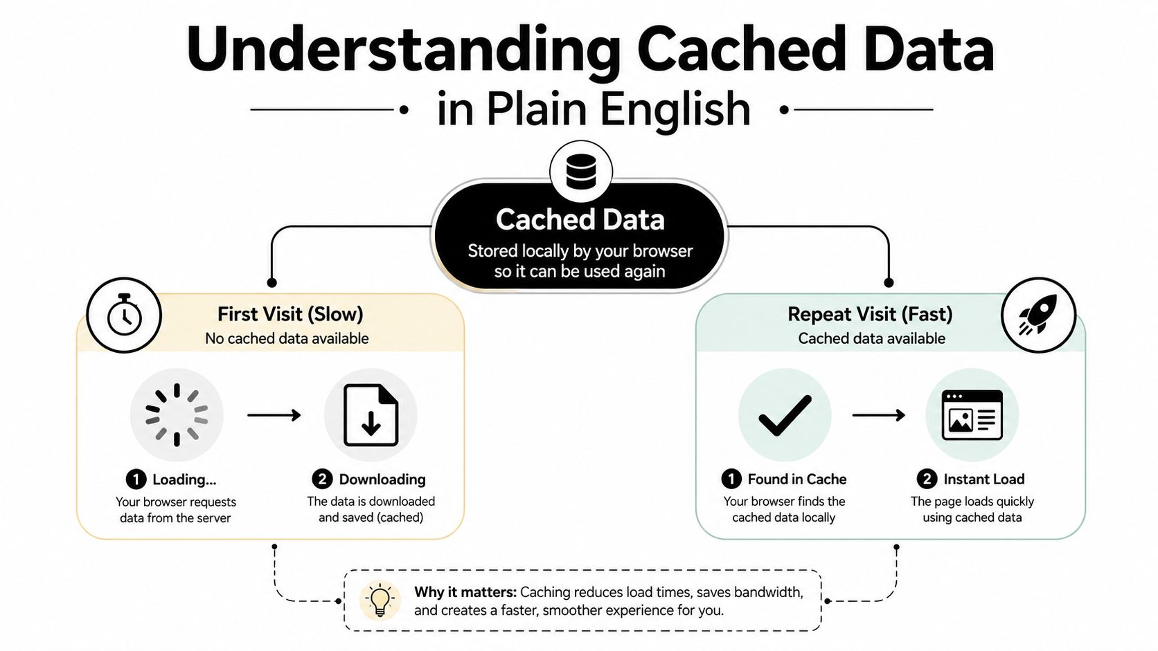 An infographic explaining the process of cached data on browsers for first visits versus repeat visits.