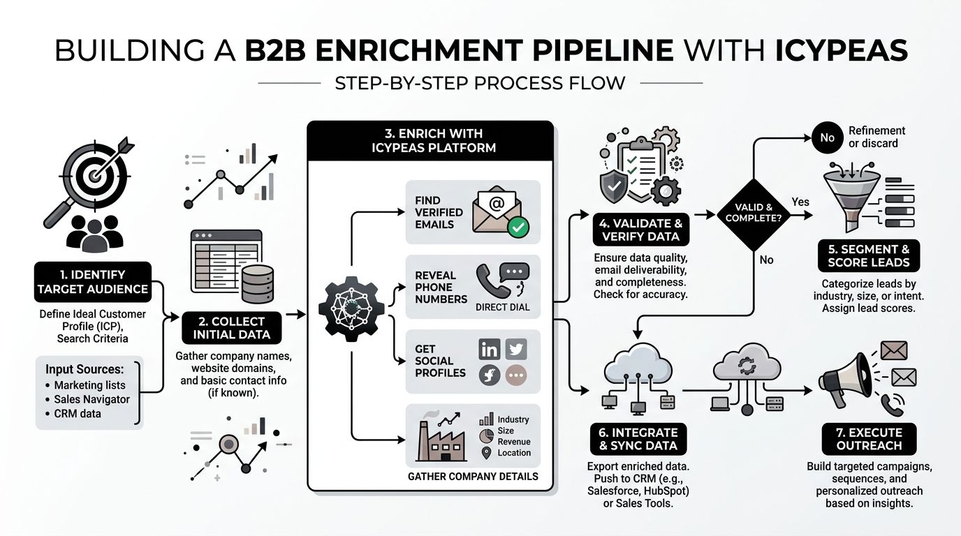 A step-by-step process flow infographic showing how to build a B2B data enrichment pipeline using Icypeas.