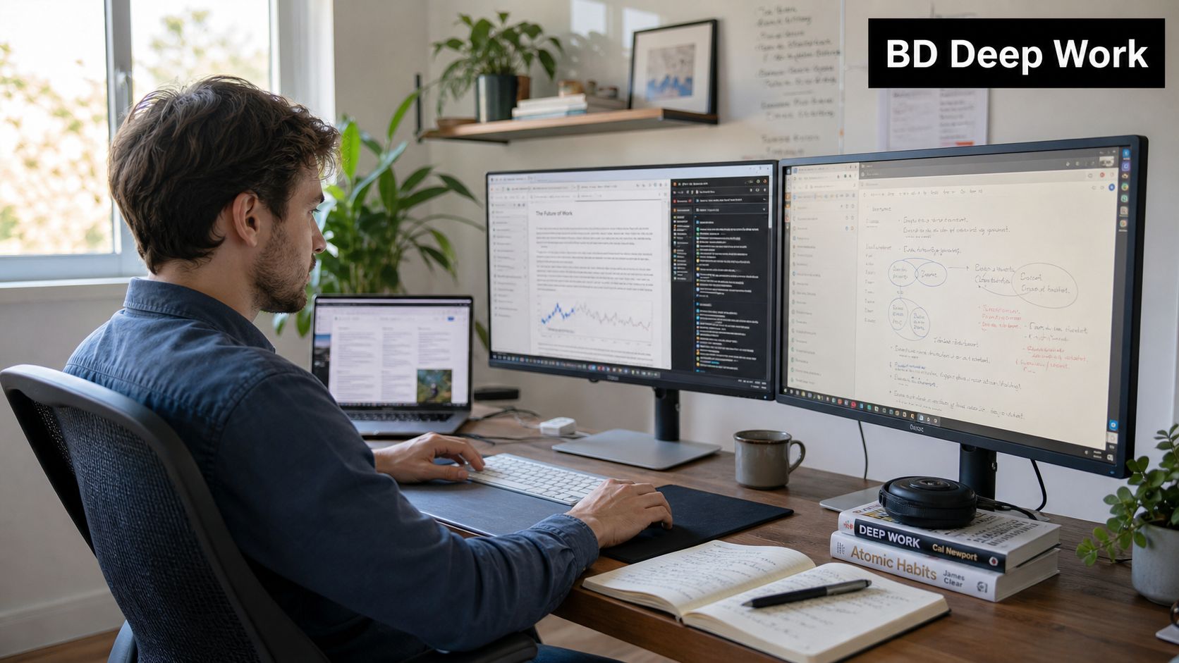 A man sits at a clean desk working on multiple computer monitors in a sunlit home office.