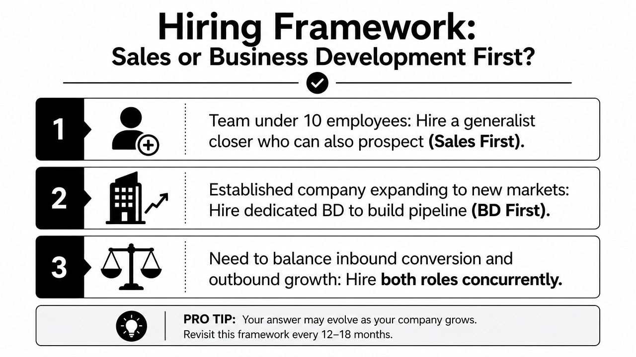 A hiring framework infographic comparing whether to hire for sales or business development roles first.