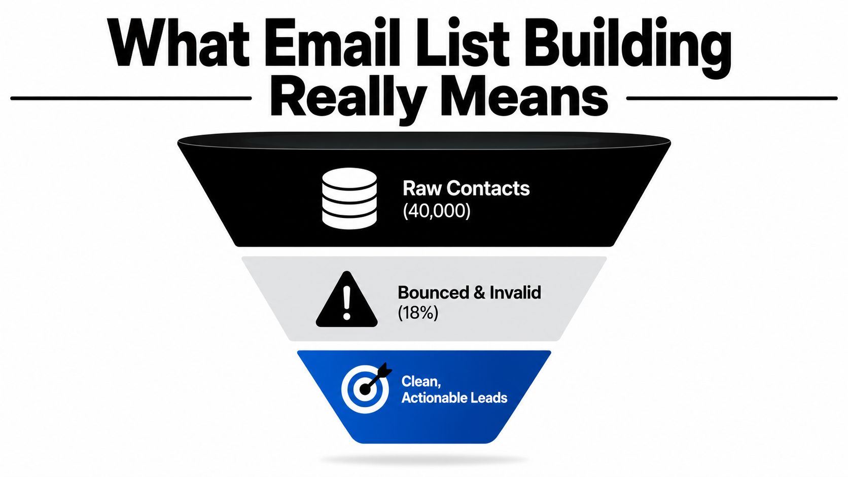 A funnel diagram showing the process of refining an email list from raw contacts to actionable leads.
