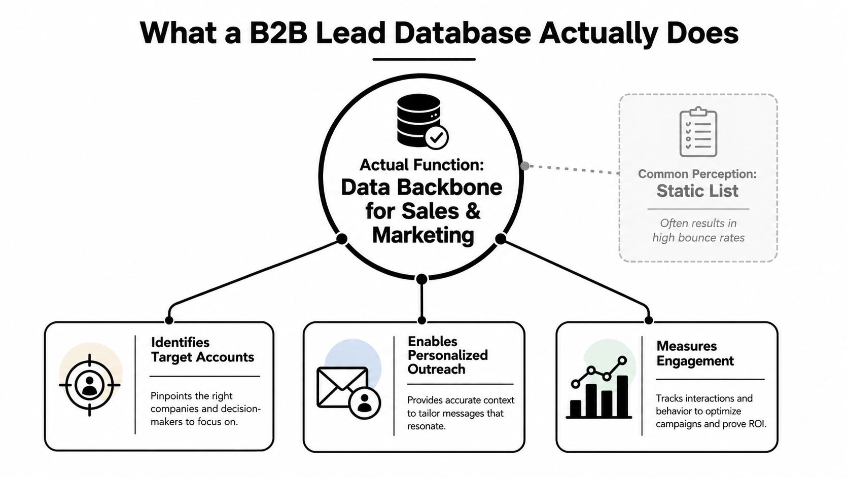 A diagram explaining the actual functions of a B2B lead database compared to static list perceptions.