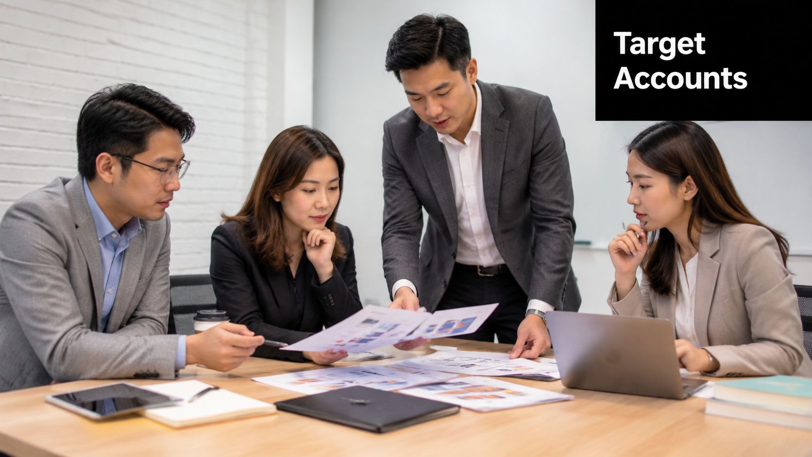 A professional team of four people collaborating on business strategy documents in a modern office meeting room.