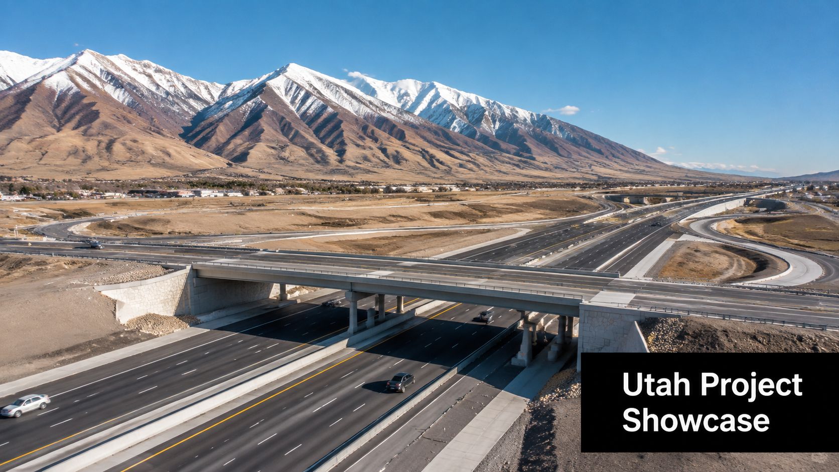 A wide aerial shot of a highway overpass with snowy mountains in the background in Utah.