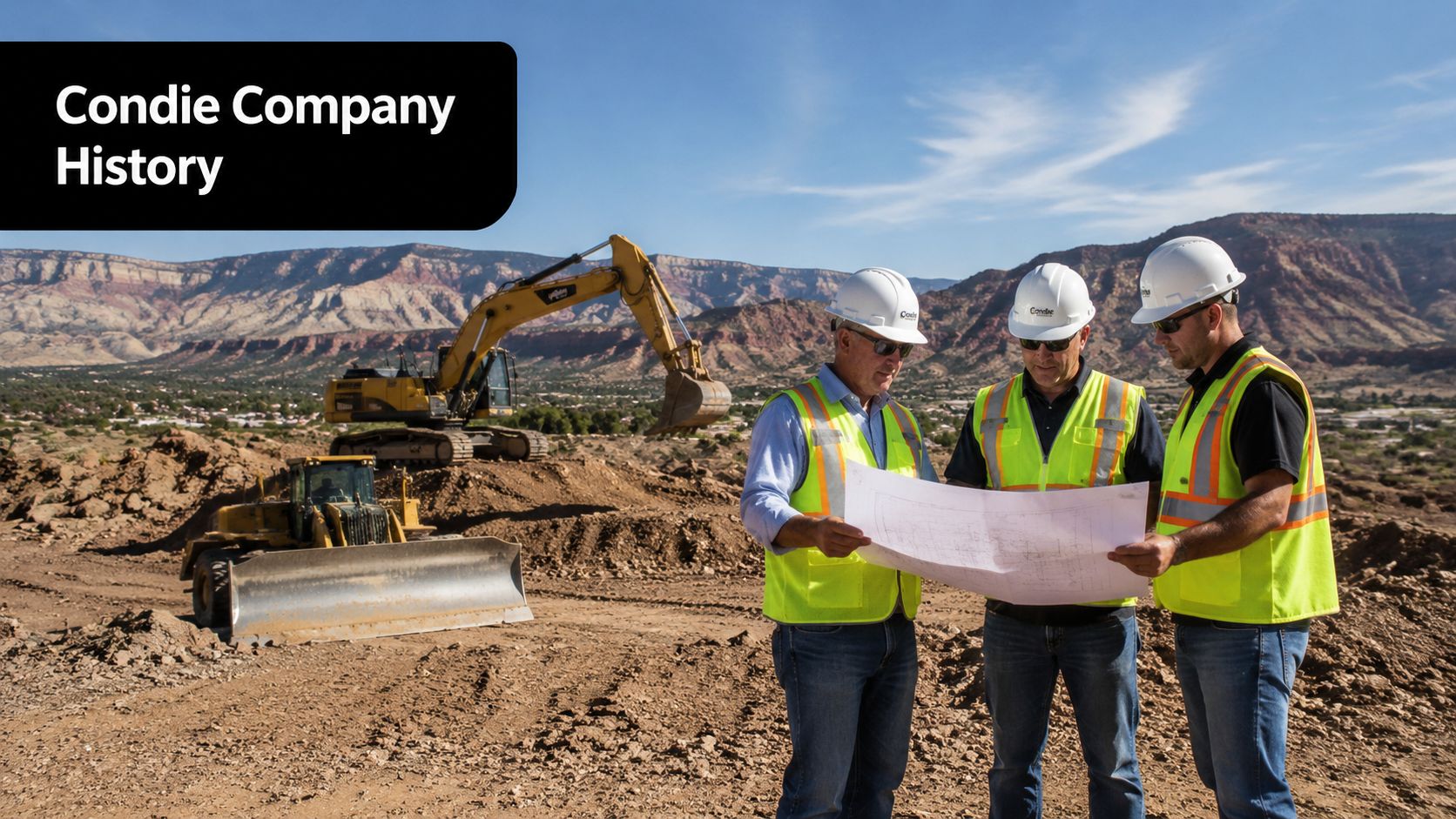 Three construction professionals in hard hats and safety vests reviewing project blueprints at a construction site.