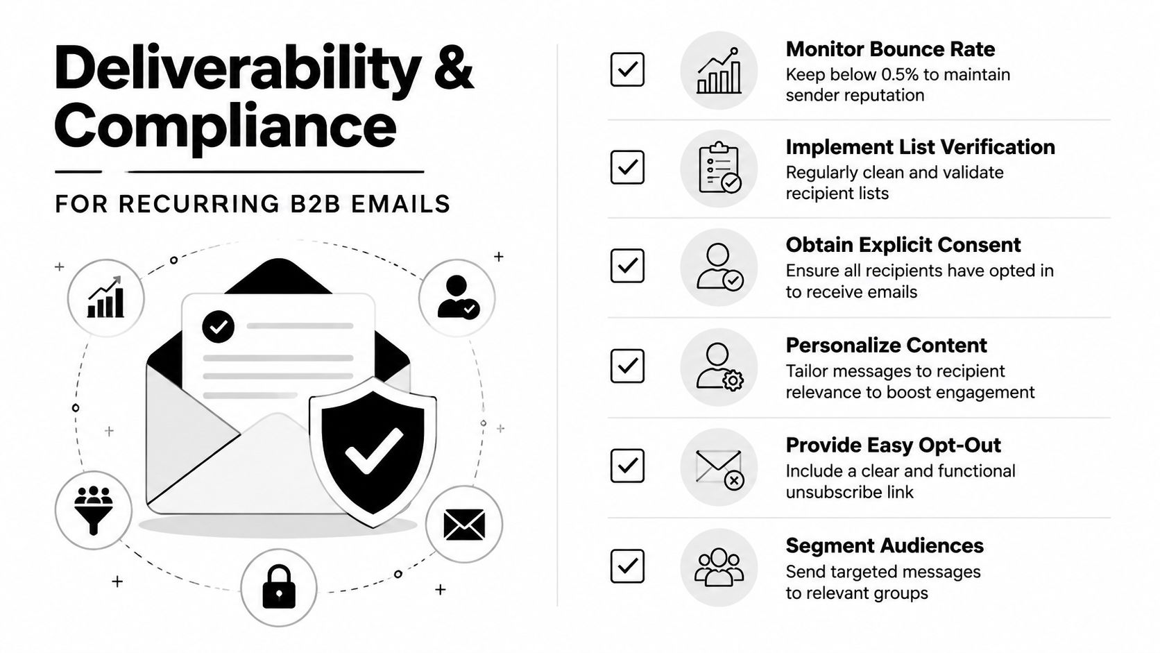 An infographic detailing six essential best practices for maintaining email deliverability and compliance for recurring B2B emails.