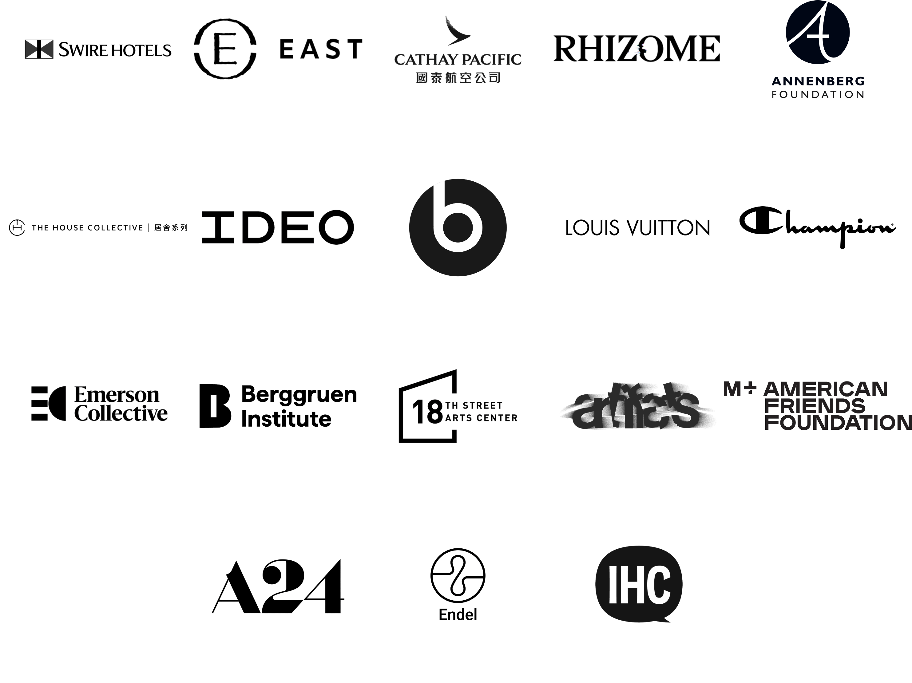 Grid of logos including Cathay Pacific, Annenberg Foundation, IDEO, Beats, Emerson Collective, Berggruen Institute, 18th Street Arts Center, Artists, M+ American Friends Foundation, A24, and IHC.