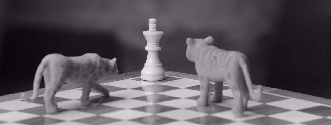 Two lion figurines facing a chess king on a chessboard — symbolising hidden strategy debt confronting leadership clarity.