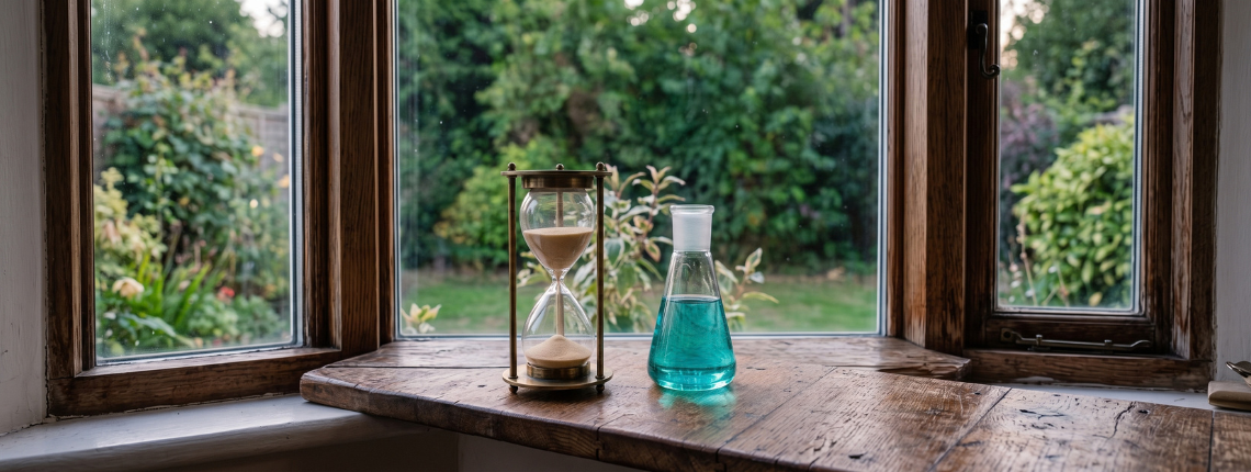 Hourglass and laboratory flask side by side on a wooden windowsill.