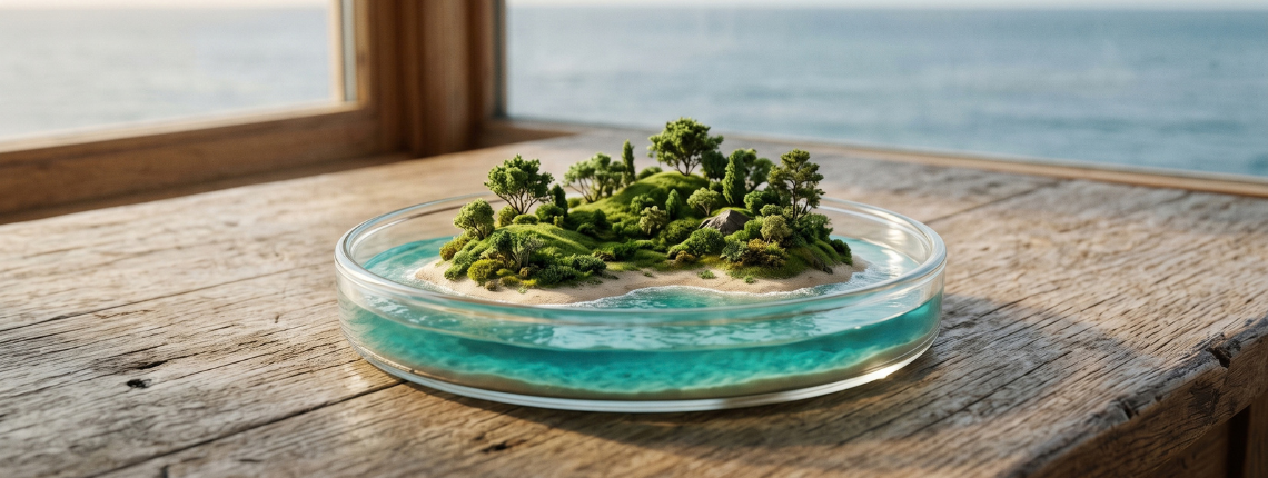 Miniature island landscape inside a glass petri dish on a wooden desk by a window.