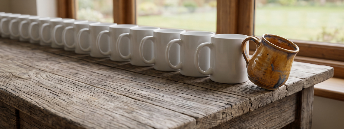 A handmade ceramic mug pushed to the edge of a desk by a row of identical white mugs.