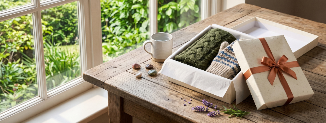 An open gift box holding a winter scarf and mittens on a sunny desk by a window.