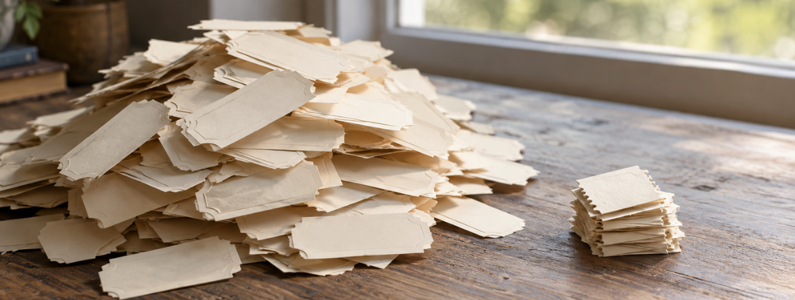 A large pile of untorn blank tickets beside a small stack of torn ticket stubs on a wooden desk.