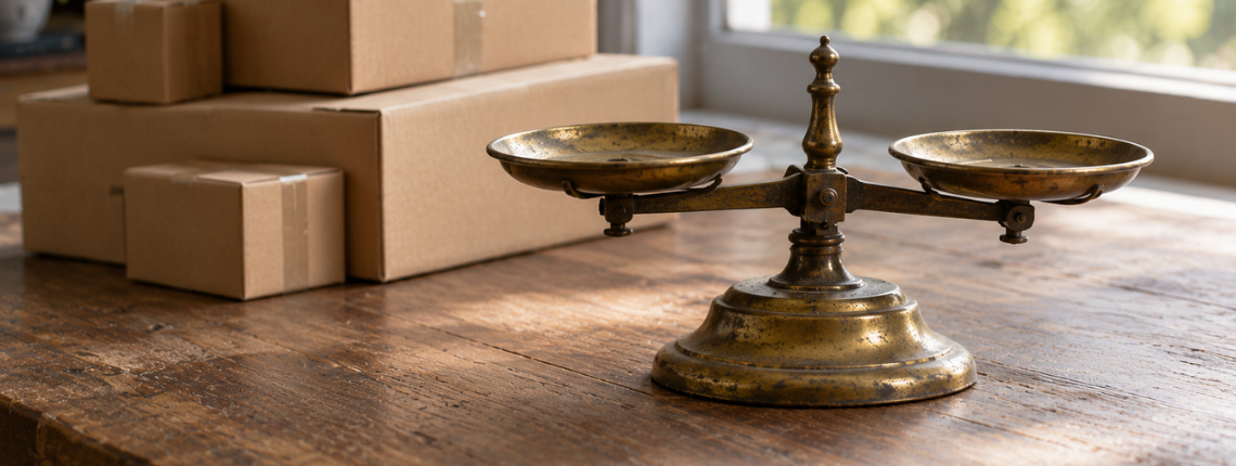 A worn brass balance scale on a wooden desk, with a stack of unopened boxes behind it.