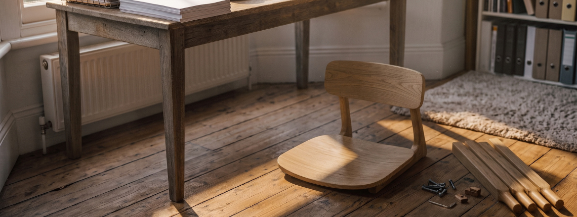 A chair seat and back on an office floor, with its four legs, screws and a hex key beside it, near a desk with a full in-tray.