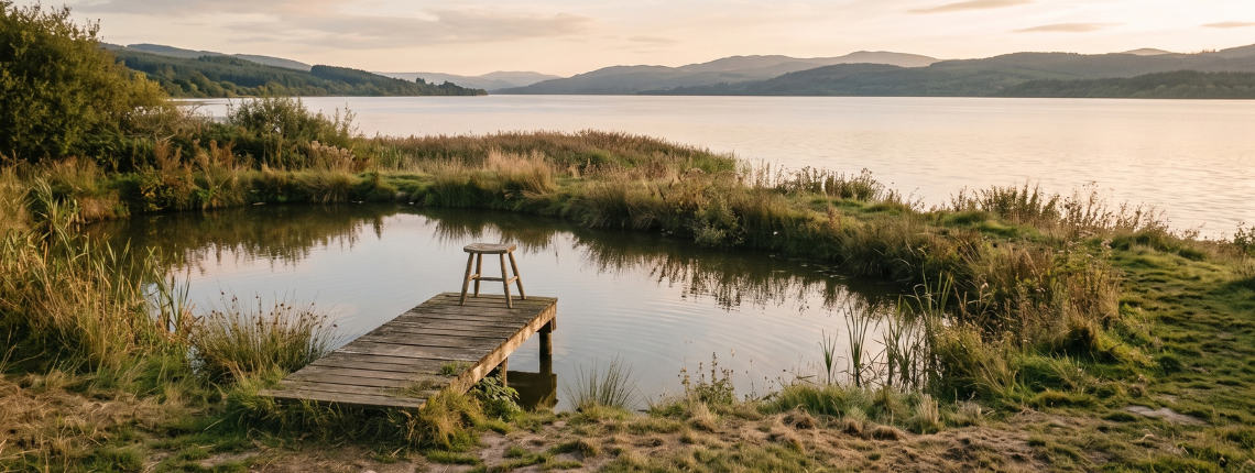 A small pond with a worn wooden jetty in the foreground, and a much larger lake stretching beyond it.