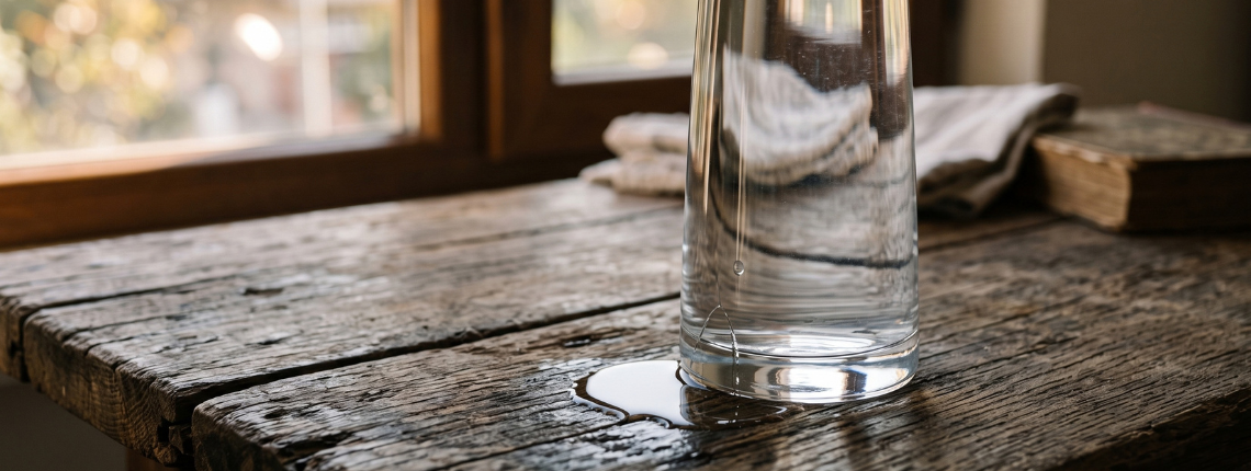 A full glass carafe on a wooden desk, with a small puddle forming beneath it from a hairline crack.