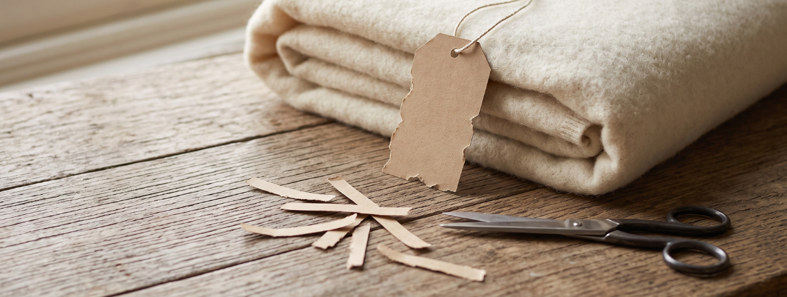 A folded wool throw with a small, repeatedly trimmed blank price tag, beside paper offcuts and scissors on a wooden desk.