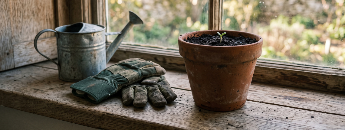 A terracotta pot with a tiny green shoot breaking through the soil, beside discarded gardening gloves and a watering can pushed aside.
