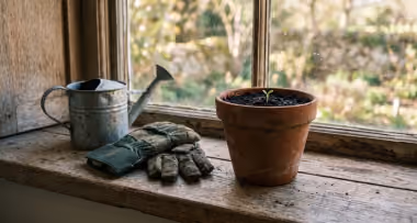 A terracotta pot with a tiny green shoot breaking through the soil, beside discarded gardening gloves and a watering can pushed aside.