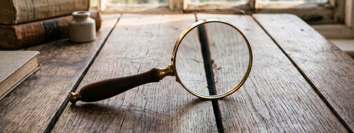 A magnifying glass resting on a wooden table, enlarging the gap between two planks.