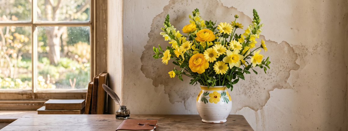 A vase of yellow flowers on a desk, placed in front of a damp stain spreading on the wall behind it.