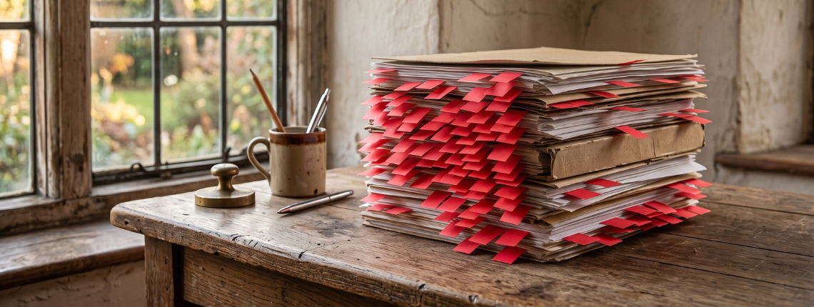 A stack of papers and folders on a desk, with dozens of identical red sticky tabs flagging nearly every page.