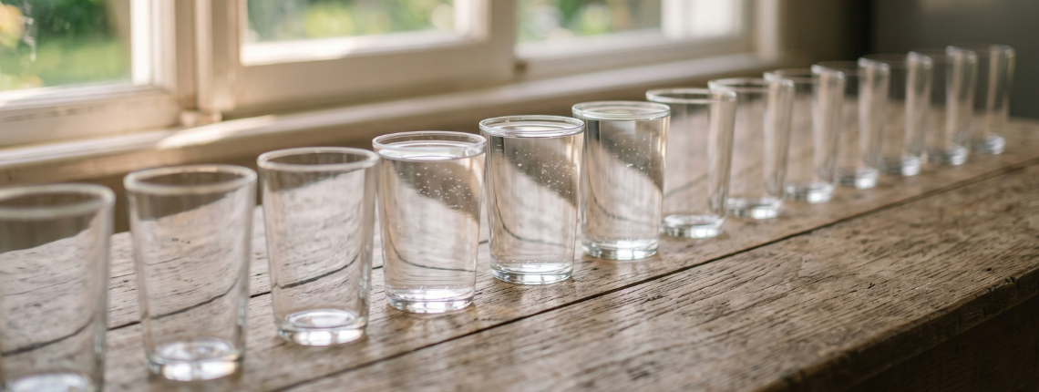 A row of empty glasses on a wooden table by a window, with three in the middle filled to the brim.